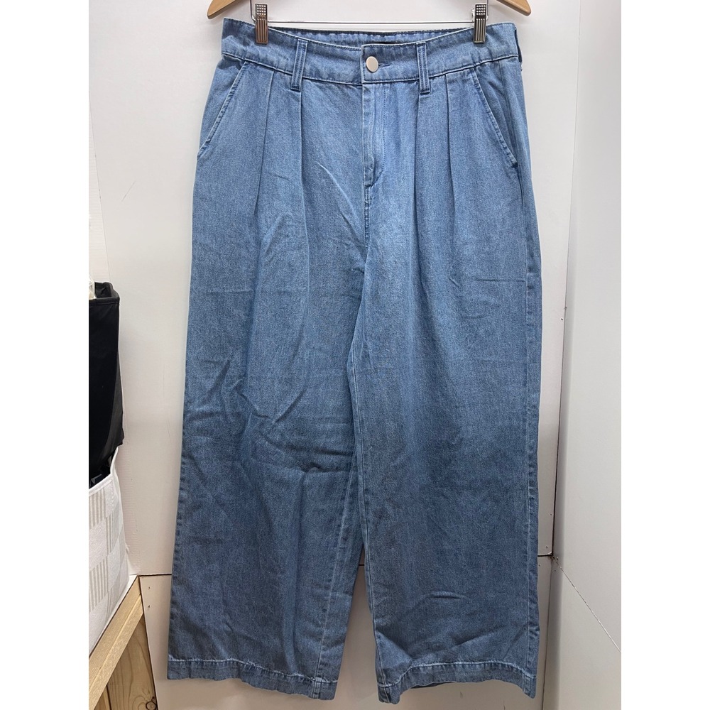 Who What Wear Womens Wide Leg Pleated Denim Pants Blue Light Wash Size 14